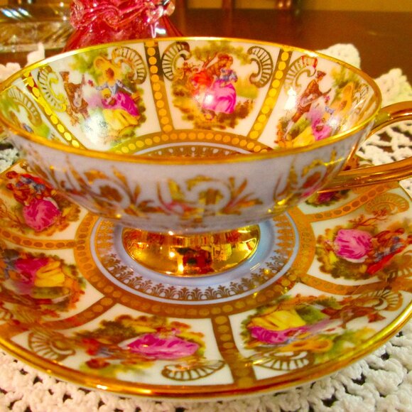 Antique porcelain Fragonard Courtship love scenes teacup & saucer made in German - Picture 1 of 10